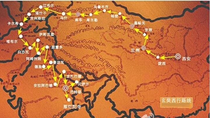 唐僧师徒四人西天取经的路线图