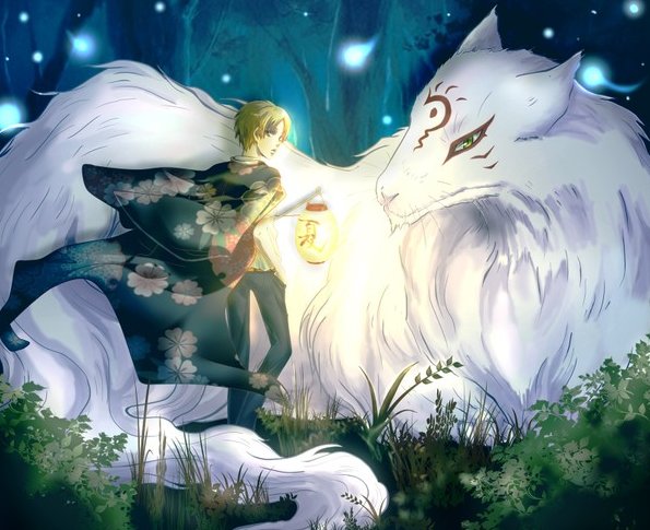 夏目友人帐斑的壁纸，是斑前面站着夏目，夏目贵志提着灯笼