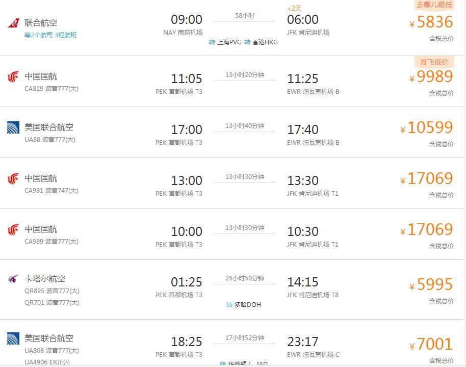 从中国北京到美国纽约的飞机票多少钱啊？