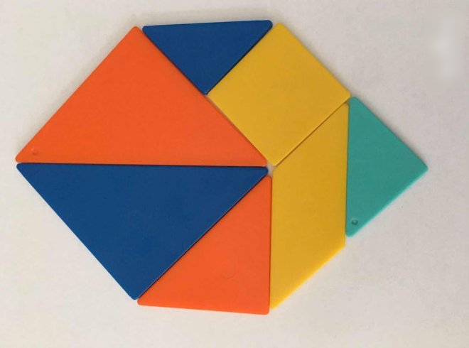 七巧板七块都用上能拼出六边形吗？如果能请说明怎么拼成