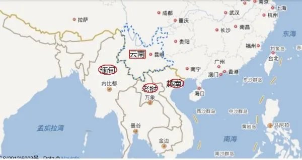 云南与东南亚国家的地图