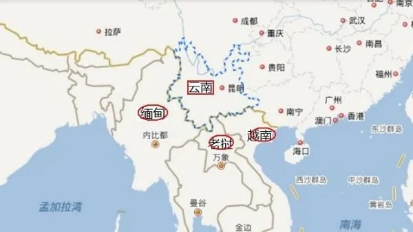 云南与东南亚国家的地图