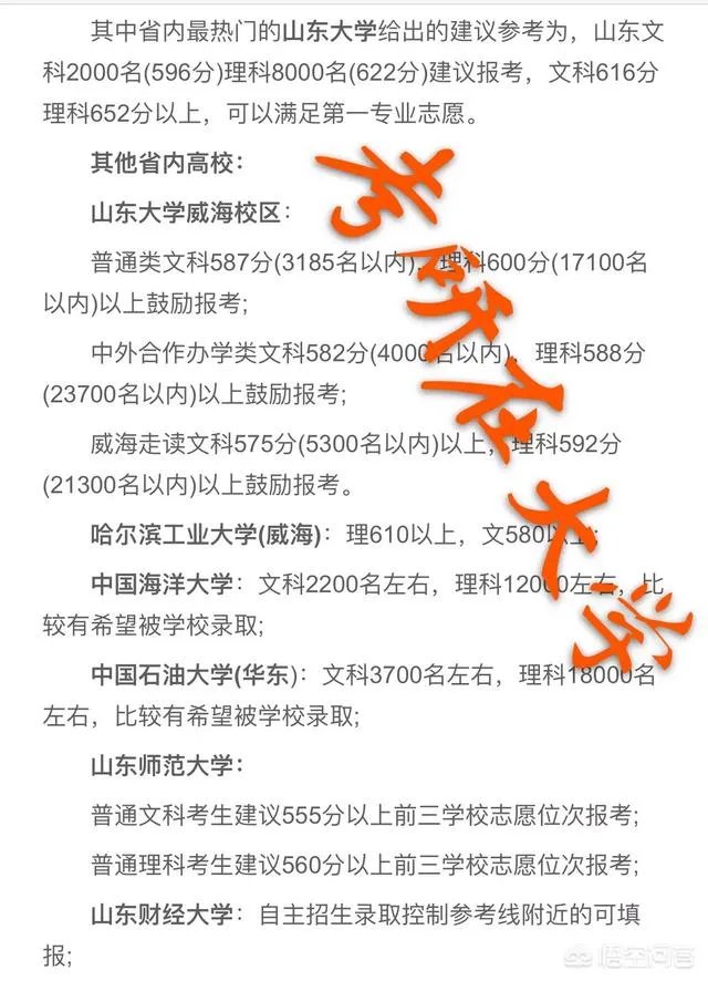 2018年山东各个大学的高考分数线是多少？