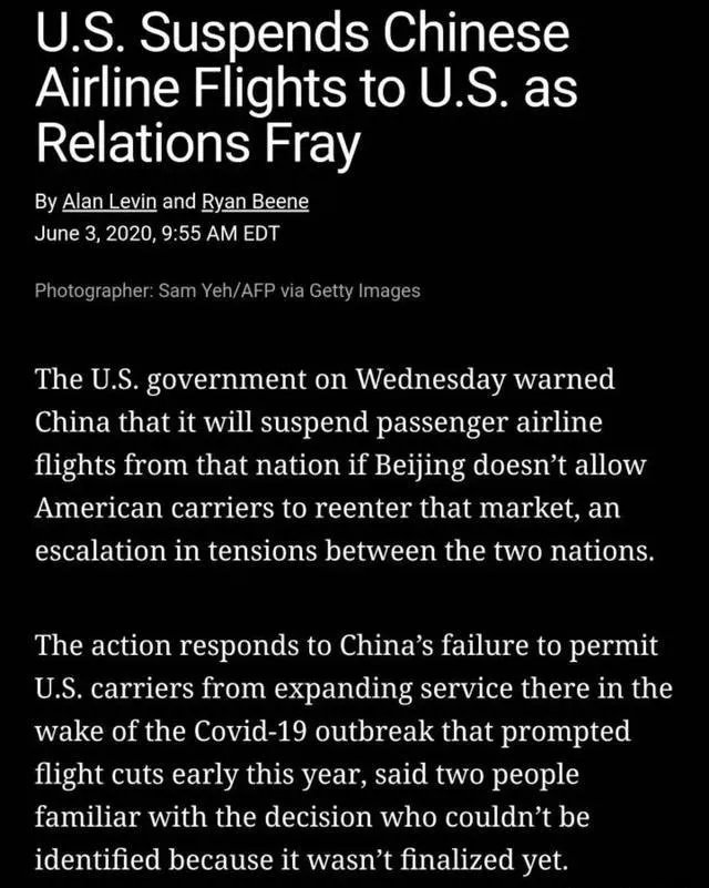 5月要求恢复中美航班，现又全面禁止中国航班，特朗普有何企图？