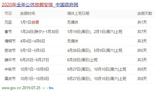 2020春节放假通知