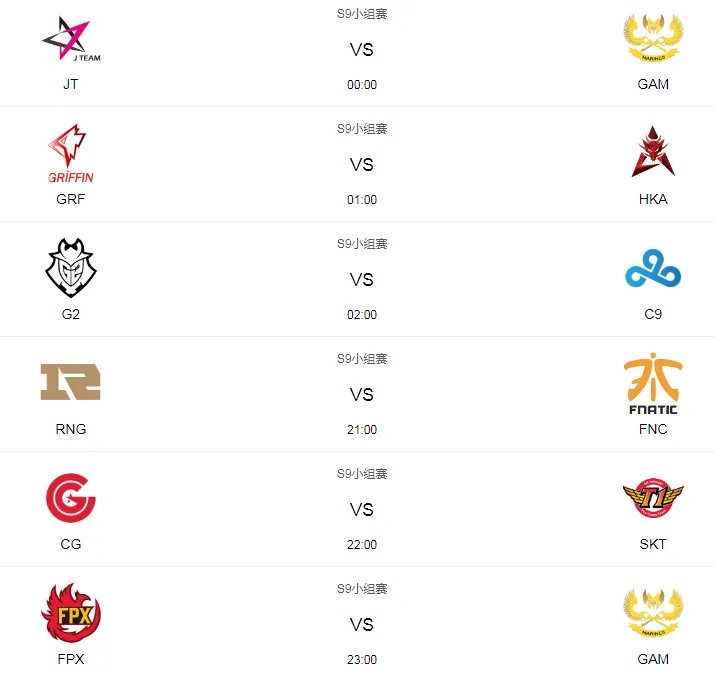 LOL S9小组赛赛程时间一览