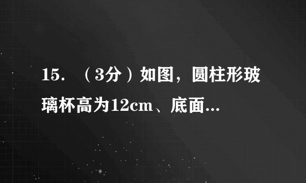 15．（3分）如图，圆柱形玻璃杯高为12cm、底面周长为18cm，在杯内离杯底4cm的点C处有一滴蜂蜜，此时一只蚂蚁正好在杯外壁，离杯上沿4cm与蜂蜜相对的点A处，则蚂蚁到达蜂蜜的最短距离为　15　cm．