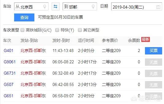 北京西到邯郸的火车时间表？