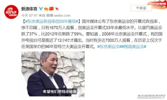 东京奥运会开幕式收视率创33年最低 仅1670万人观看